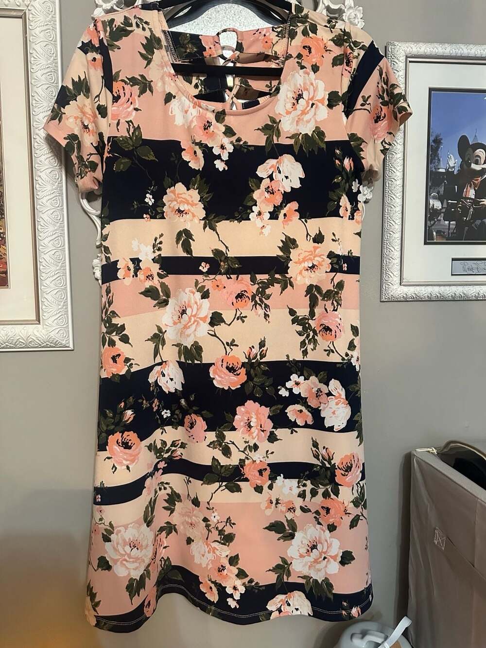 Nina Leonard Floral Striped Lace-Up Back Dress Size S